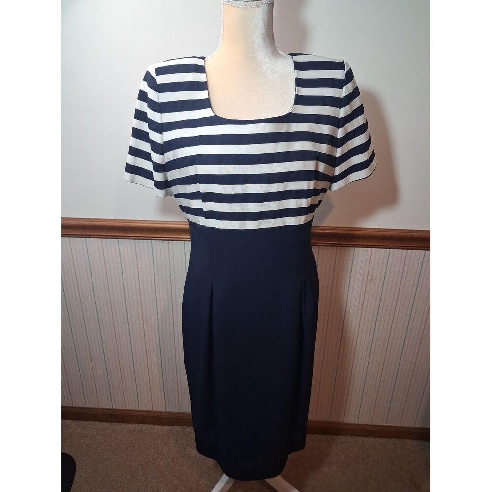 Maggie London Vintage Tailored Navy Striped Bodice Pencil Style Dress - Size 10